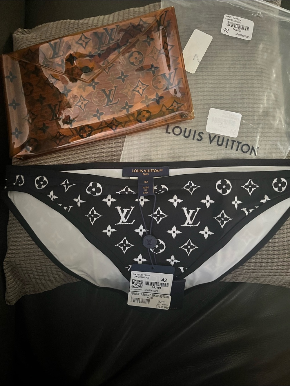Louis Vuitton Black & White Monogram Bikini Bottoms with Swim Pouch